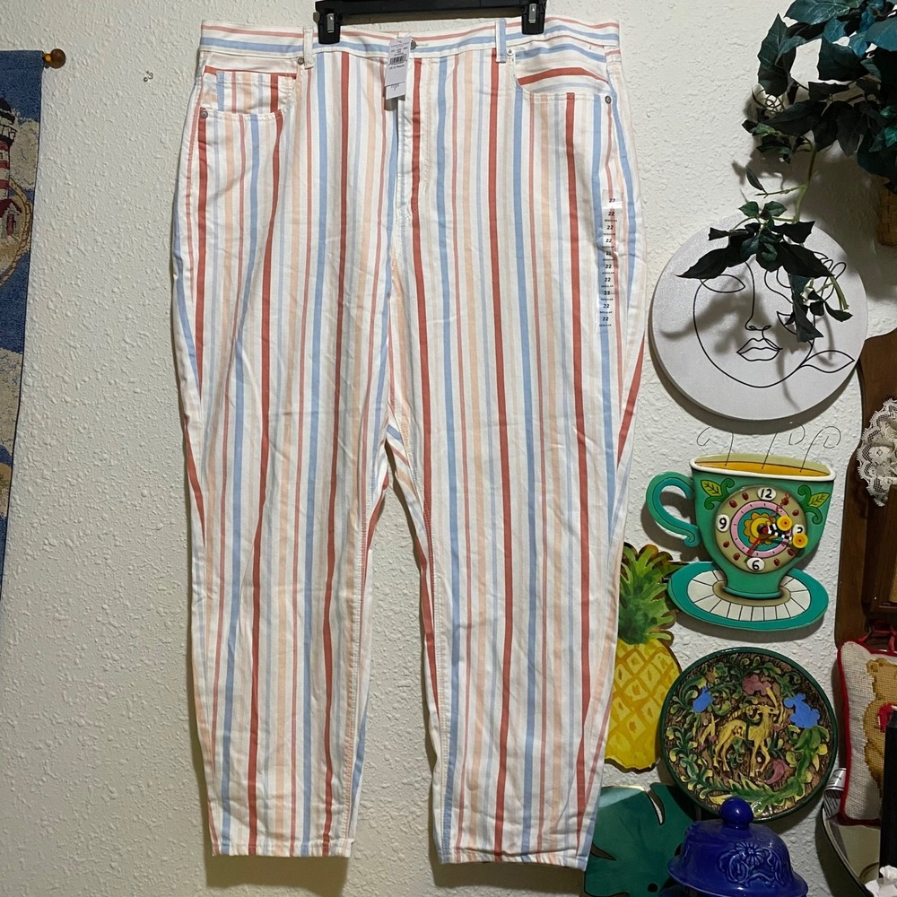 American Eagle Mom Jeans Size 22 High Rise Striped Blue Orange White Cotton New